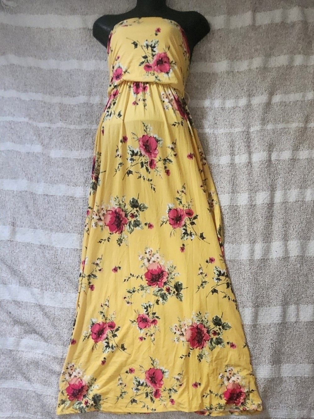 Yellow Floral Strapless Maxi Dress - Pink Rose Print